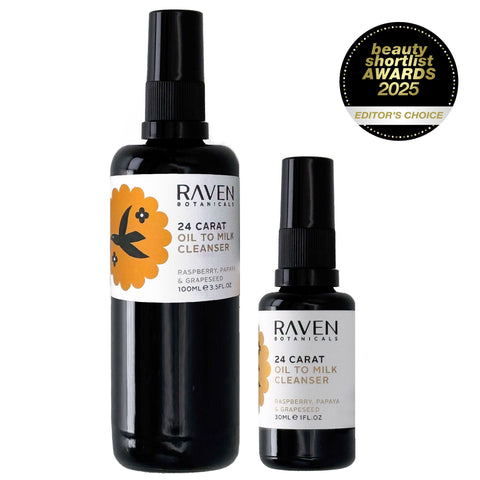 24 Carat Oil to Milk Cleanser - 100ml Glass Bottle / Pump Lid - Raven Botanicals - Made Scotland