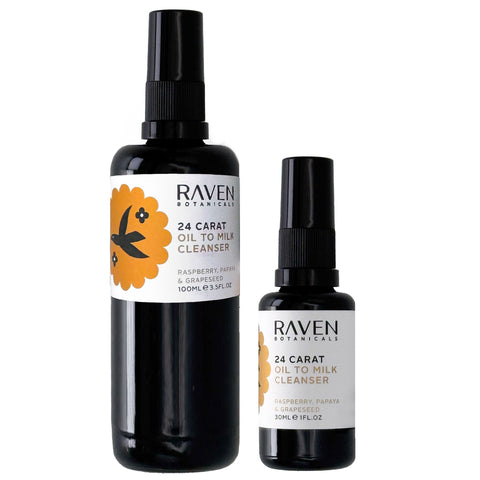24 Carat Oil to Milk Cleanser - 100ml Glass Bottle / Pump Lid - Raven Botanicals - Made Scotland