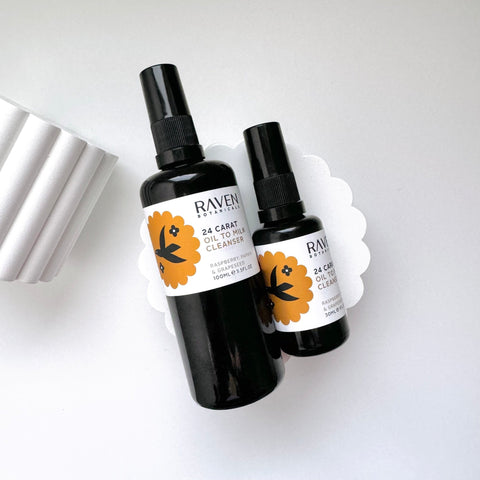 24 Carat Oil to Milk Cleanser - 100ml Glass Bottle / Pump Lid - Raven Botanicals - Made Scotland