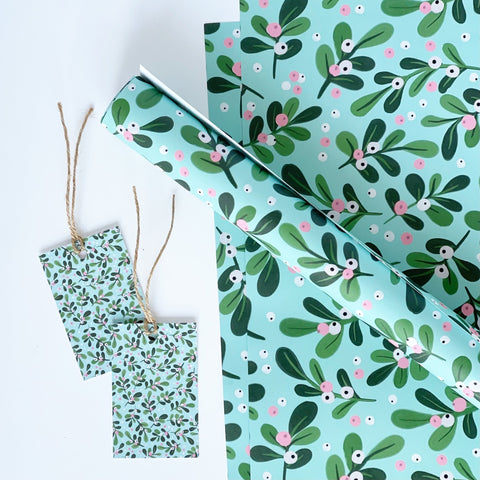 Christmas AQUA Mistletoe Gift Wrap & Tags - 1 sheet & 1 tag - Lomond Paper Co - Made Scotland