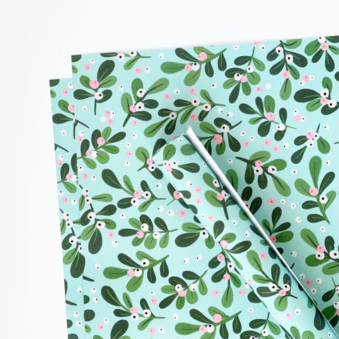 Christmas AQUA Mistletoe Gift Wrap & Tags - 1 sheet & 1 tag - Lomond Paper Co - Made Scotland