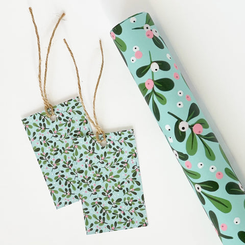 Christmas AQUA Mistletoe Gift Wrap & Tags - 1 sheet & 1 tag - Lomond Paper Co - Made Scotland