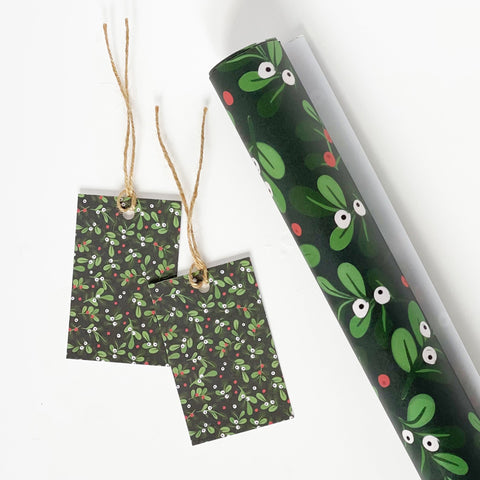 Christmas GREEN Mistletoe Gift Wrap - 1 sheet & 1 tag - Lomond Paper Co - Made Scotland