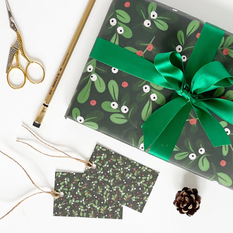 Christmas GREEN Mistletoe Gift Wrap - 1 sheet & 1 tag - Lomond Paper Co - Made Scotland