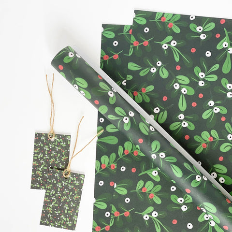 Christmas GREEN Mistletoe Gift Wrap - 1 sheet & 1 tag - Lomond Paper Co - Made Scotland