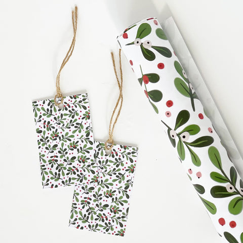 Christmas WHITE Mistletoe Gift Wrap & Tags - 1 sheet & 1 tag - Lomond Paper Co - Made Scotland