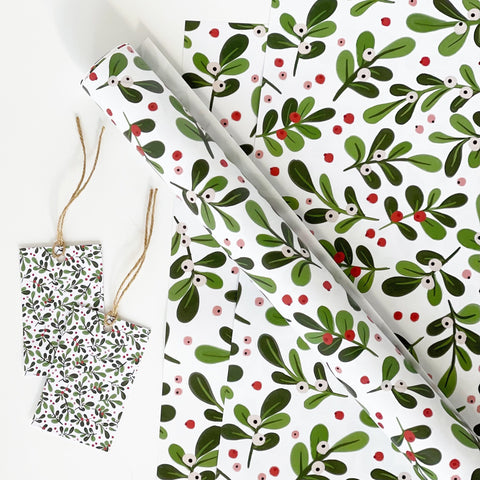 Christmas WHITE Mistletoe Gift Wrap & Tags - 1 sheet & 1 tag - Lomond Paper Co - Made Scotland