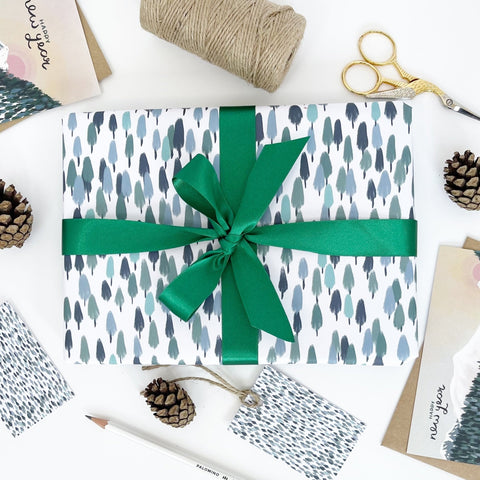 Forest Green Christmas Recyclable Wrapping Paper Set - AQUA Eco Friendly Gift Wrap and Tags - 1 sheet & 1 tag - Lomond Paper Co - Made Scotland