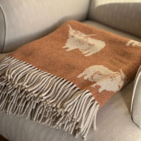 Highland Cow Woollen Blanket, Rust - Made Scotland - Made Scotland