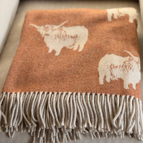 Highland Cow Woollen Blanket, Rust - Made Scotland - Made Scotland