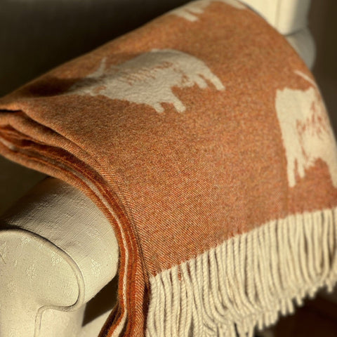 Highland Cow Woollen Blanket, Rust - Made Scotland - Made Scotland