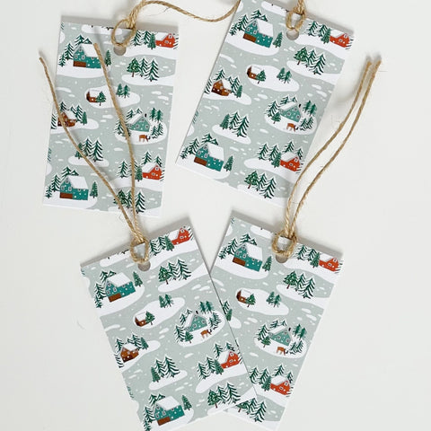 Little Log Cabins in the Snow Recyclable Wrapping Paper Set & Tags - 1 sheet & 1 tag - Lomond Paper Co - Made Scotland