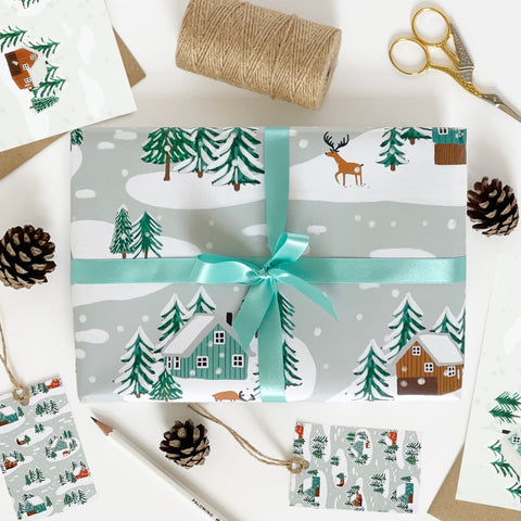 Little Log Cabins in the Snow Recyclable Wrapping Paper Set & Tags - 1 sheet & 1 tag - Lomond Paper Co - Made Scotland