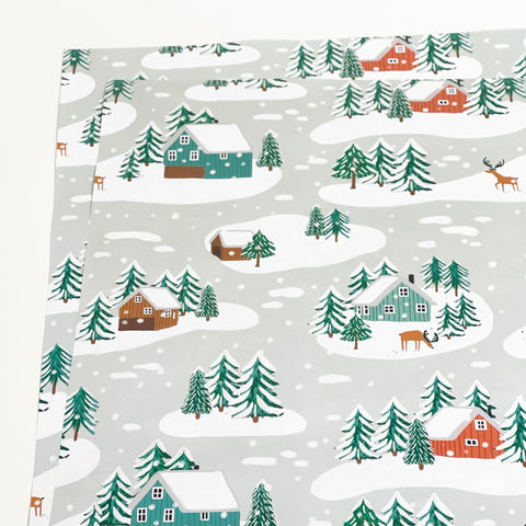 Little Log Cabins in the Snow Recyclable Wrapping Paper Set & Tags - 1 sheet & 1 tag - Lomond Paper Co - Made Scotland