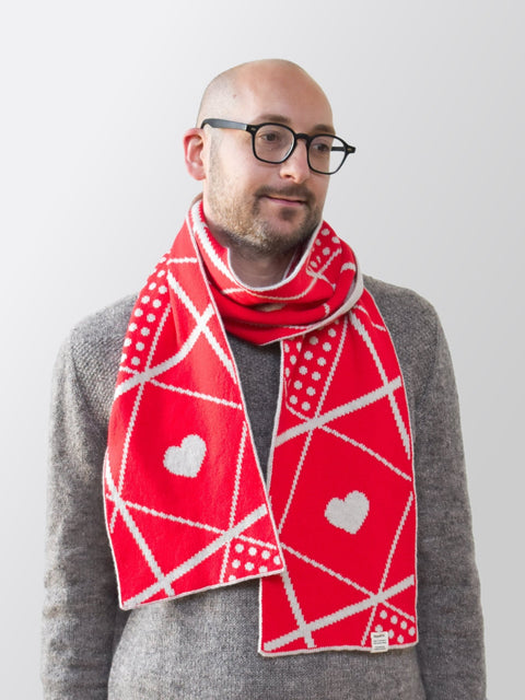 Not a Sanquhar Scarf - Fire Red & Oatmeal Brown - Woolkind - Made Scotland