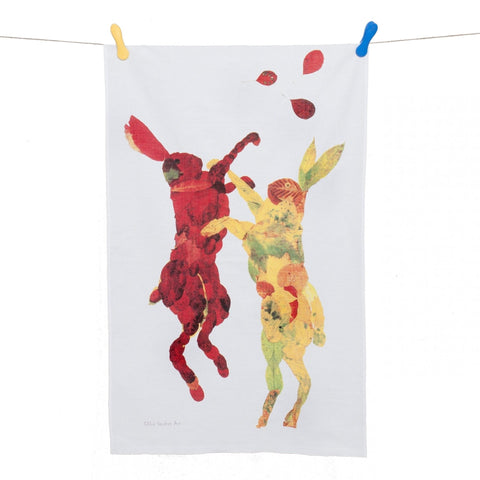 TEA TOWEL IN A GIFT BAG - Autumn Leaf Boxing Hares - Chloe Gardner - Made Scotland