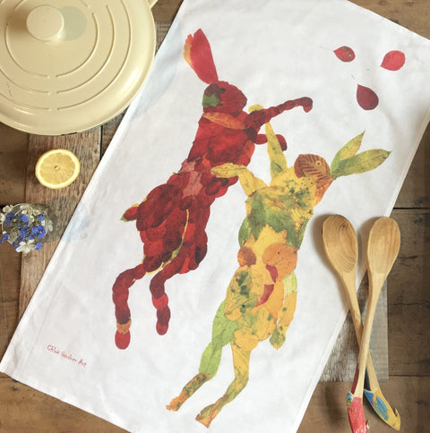TEA TOWEL IN A GIFT BAG - Autumn Leaf Boxing Hares - Chloe Gardner - Made Scotland
