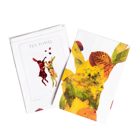 TEA TOWEL IN A GIFT BAG - Autumn Leaf Boxing Hares - Chloe Gardner - Made Scotland