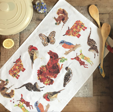 TEA TOWEL IN A GIFT BAG - Feather & Leaf Animal Medley - Chloe Gardner - Made Scotland