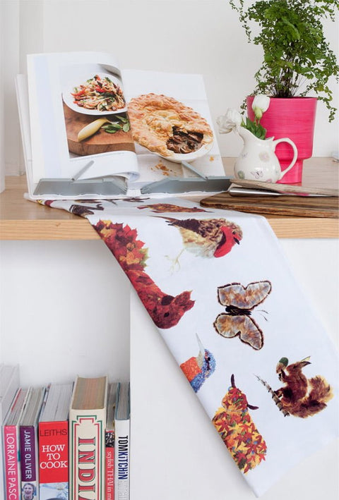 TEA TOWEL IN A GIFT BAG - Feather & Leaf Animal Medley - Chloe Gardner - Made Scotland