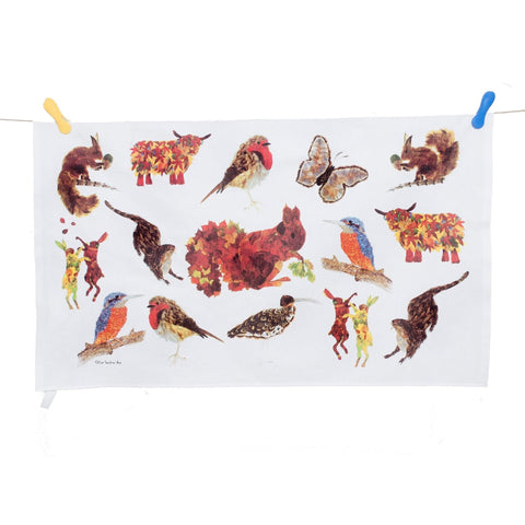 TEA TOWEL IN A GIFT BAG - Feather & Leaf Animal Medley - Chloe Gardner - Made Scotland