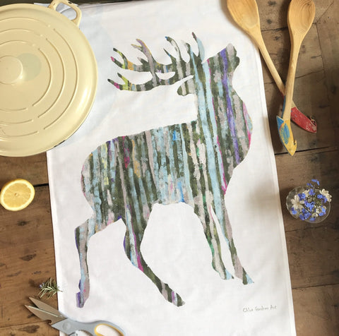 TEA TOWEL IN A GIFT BAG - Single silvery Stag - Chloe Gardner - Made Scotland