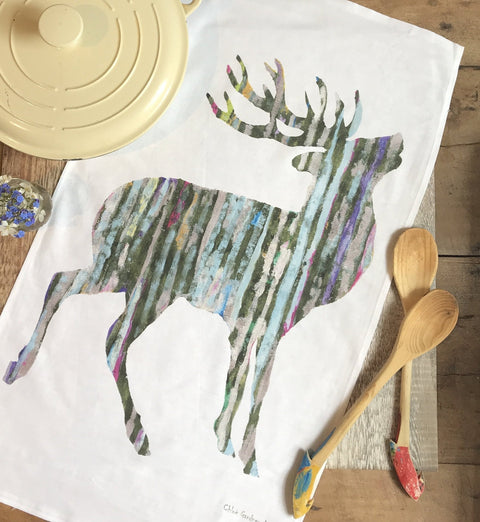 TEA TOWEL IN A GIFT BAG - Single silvery Stag - Chloe Gardner - Made Scotland