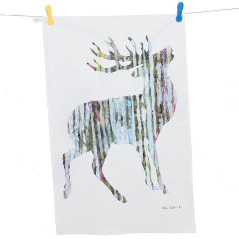 TEA TOWEL IN A GIFT BAG - Single silvery Stag - Chloe Gardner - Made Scotland