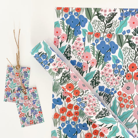 Blue Flower Meadow Recyclable Wrapping Paper Set - BLUE Eco Friendly Gift Wrap & Tags - 2 sheets & 2 tags - Lomond Paper Co - Made Scotland