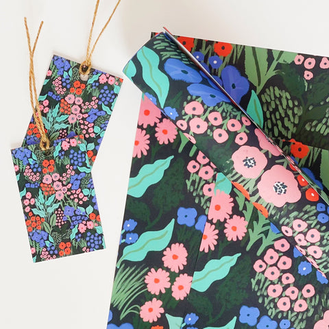 Midnight Blue Flower Meadow Recyclable Wrapping Paper Set - BLUE Eco Friendly Gift Wrap & Tags - 4 sheets & 4 tags - Lomond Paper Co - Made Scotland