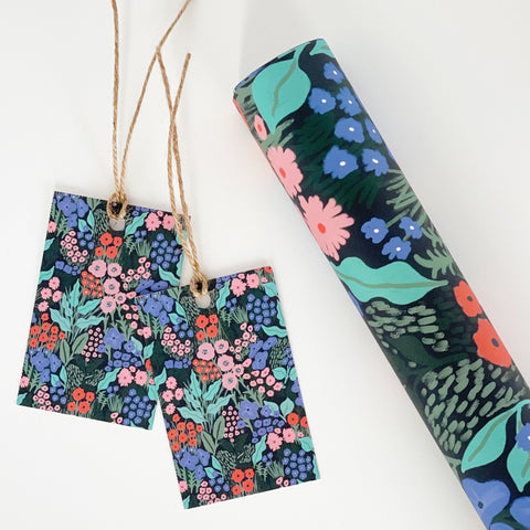 Midnight Blue Flower Meadow Recyclable Wrapping Paper Set - BLUE Eco Friendly Gift Wrap & Tags - 4 sheets & 4 tags - Lomond Paper Co - Made Scotland