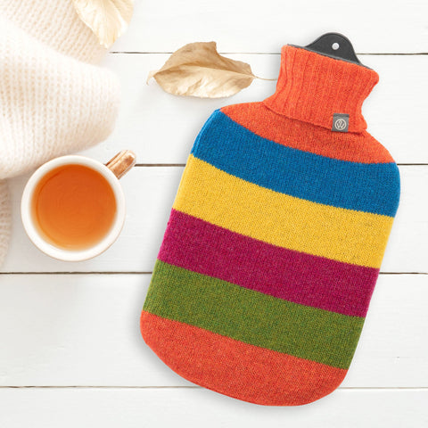 Lambswool Knit Large Bright Rainbow Stripe Sustainable Hot Water Bottle
