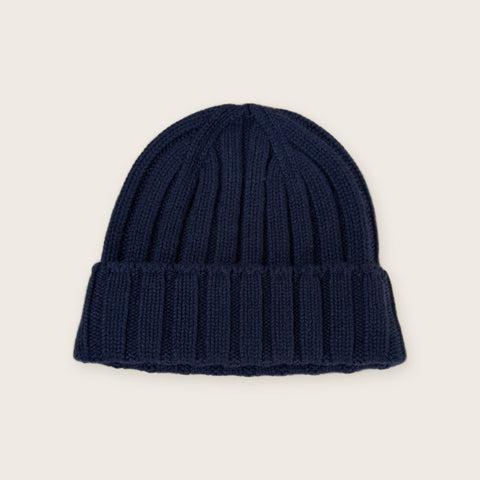 100% Cashmere Ribbed Beanie in Navy - Unisex - Scottish Mill - Made Scotland