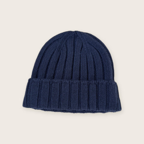 100% Cashmere Ribbed Beanie in Navy - Unisex - Scottish Mill - Made Scotland