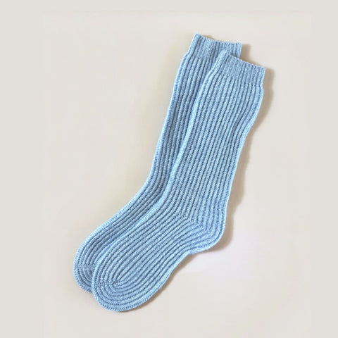 Ladies' light blue cashmere lounge socks with a chunky rib, made in Scotland