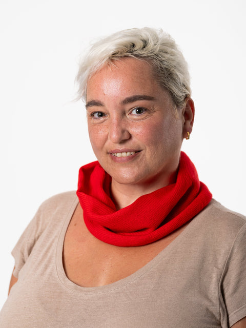 woman wearing red merino wool neck warmer - woolkind