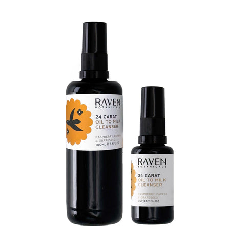 24 Carat Oil to Milk Cleanser - 100ml Glass Bottle / Pump Lid - Raven Botanicals - Made Scotland