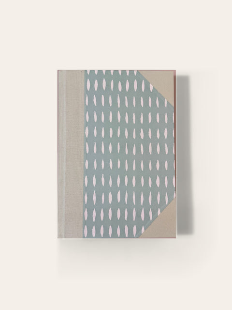 Hand-bound A5 notebook with sage cloth and duck-egg brushstroke paper cover, ruled pages, Sisu Stationery