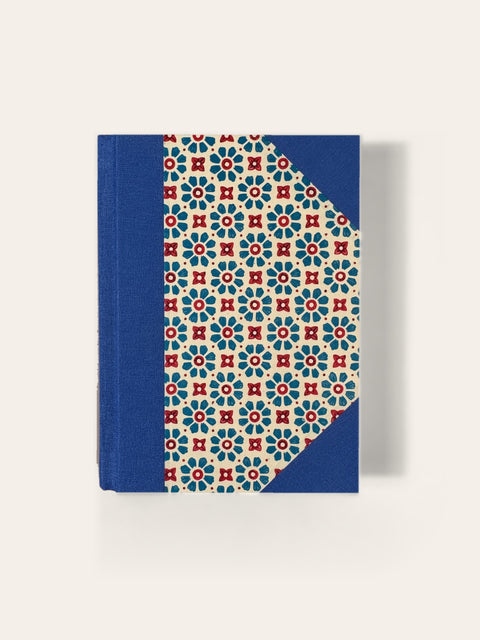 Hand-bound A6 pocket notebook with cornflower blue cloth and teal and red floral paper cover, ruled pages, Sisu Stationery
