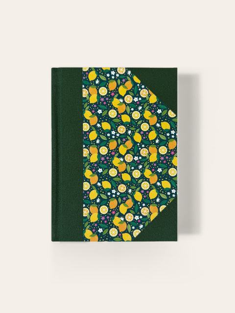 Hand-bound A6 pocket notebook with forest green cloth and lemon print paper cover, blank pages, Sisu Stationery