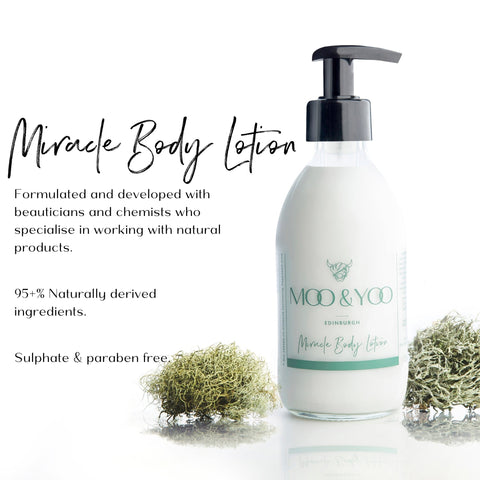Bottle of Moo & Yoo Miracle Body Lotion with product description on a white background