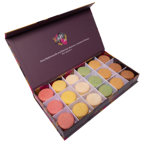 Classic selection of 18 handmade macarons in a luxury gift box, gluten free and delivered by post