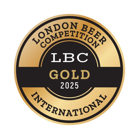 Gold and black badge for London Beer Competition Gold International 2025 on a white background