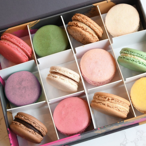 Handmade French macarons by post in a luxury gift box, perfect for birthdays, weddings and special occasions