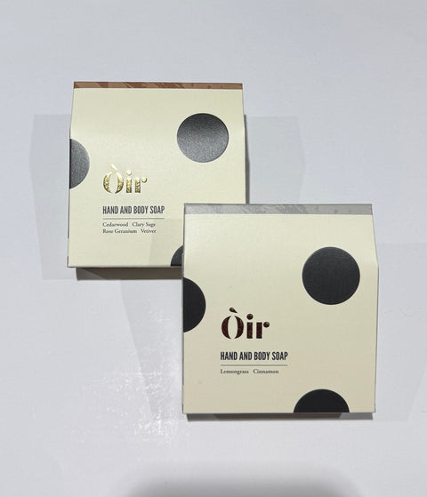 Two boxes of Òir handmade hand and body soap, made in Scotland