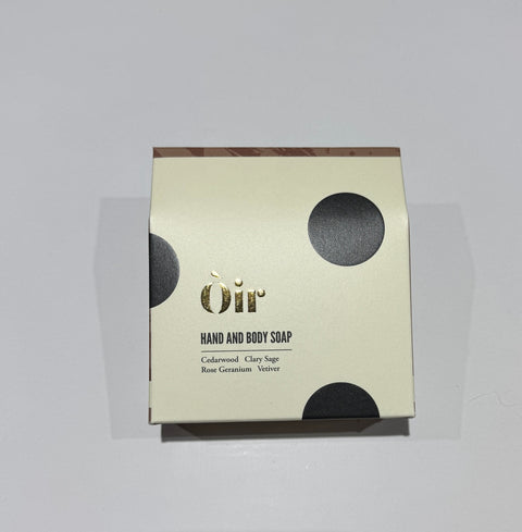Òir handmade hand and body soap in cedarwood, clary sage, rose geranium and vetiver, made in Scotland