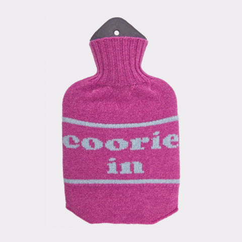 Lambswool Knit Coorie In Mini Sustainable Hot Water Bottle Bright Pink/Sky Blue