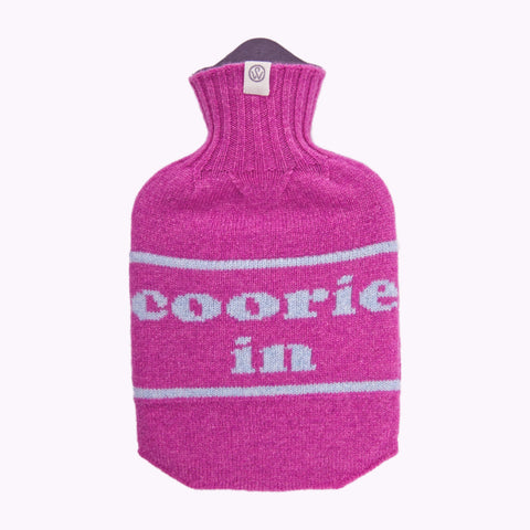 Lambswool Knit Coorie In Mini Sustainable Hot Water Bottle Bright Pink/Sky Blue