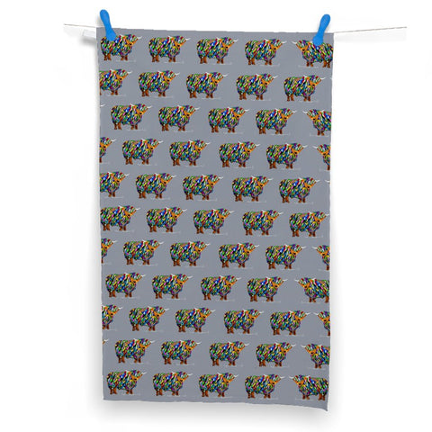 A GIFT BOXED TEA TOWEL - Bright Highland Cow on Grey Repeat - Chloe Gardner - Made Scotland