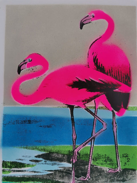 Bright Neon Flamingo Screenprint - Signed and editioned by artist Dylan Bell - Bell's Galleries - Made Scotland